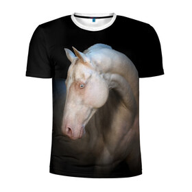 Мужская футболка 3D спортивная с принтом Белая лошадь в Курске, 100% полиэстер с улучшенными характеристиками | приталенный силуэт, круглая горловина, широкие плечи, сужается к линии бедра | Тематика изображения на принте: animal | black | breed | horse | muscle | muzzle | strength | unusual | white | белый | животное | конь | лошадь | мышцы | необычный | порода | сила | скакун