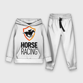 Детский костюм 3D (с толстовкой) с принтом Horse racing в Курске,  |  | animal | black | emblem | horse | rider | riding | slogan | sport | text | white | белый | езда | животное | конь | лошадь | наездник | слоган | спорт | текст | черный | эмблема