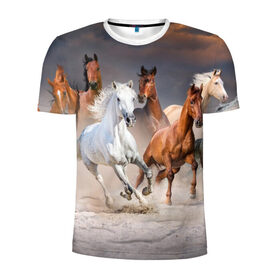 Мужская футболка 3D спортивная с принтом Табун в Курске, 100% полиэстер с улучшенными характеристиками | приталенный силуэт, круглая горловина, широкие плечи, сужается к линии бедра | animal | beautiful | black | brown | desert | gloss | herd | horse | mane | mustang | muzzle | nature | sand | white | wild | белый | грива | дикий | животное | конь | коричневый | красивый | лоск | лошадь | мустанг | песок | природа | пусты
