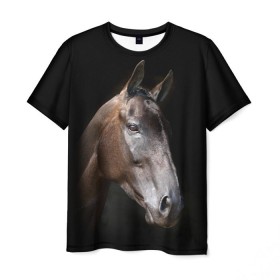 Мужская футболка 3D с принтом Лошадь в Курске, 100% полиэфир | прямой крой, круглый вырез горловины, длина до линии бедер | animal | beautiful | black | brown | horse | muzzle | portrait | животное | конь | коричневый | красивый | лошадь | портрет | скакун | черный