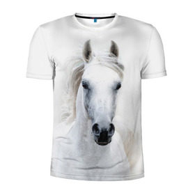 Мужская футболка 3D спортивная с принтом Белая лошадь в Курске, 100% полиэстер с улучшенными характеристиками | приталенный силуэт, круглая горловина, широкие плечи, сужается к линии бедра | animal | beautiful | gloss | horse | mane | mustang | muzzle | white | wild | белый | грива | дикий | животное | конь | красивый | лоск | лошадь | мустанг | скакун