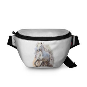 Поясная сумка 3D с принтом Белая лошадь в Курске, 100% полиэстер | плотная ткань, ремень с регулируемой длиной, внутри несколько карманов для мелочей, основное отделение и карман с обратной стороны сумки застегиваются на молнию | animal | beautiful | drawing | horse | mane | muzzle | nature | white | wild | белый | грива | дикий | животное | конь | красивый | лошадь | природа | рисунок | скакун