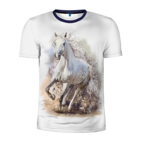 Мужская футболка 3D спортивная с принтом Белая лошадь в Курске, 100% полиэстер с улучшенными характеристиками | приталенный силуэт, круглая горловина, широкие плечи, сужается к линии бедра | animal | beautiful | drawing | horse | mane | muzzle | nature | white | wild | белый | грива | дикий | животное | конь | красивый | лошадь | природа | рисунок | скакун