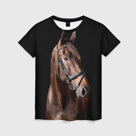 Женская футболка 3D с принтом Гнедая лошадь в Курске, 100% полиэфир ( синтетическое хлопкоподобное полотно) | прямой крой, круглый вырез горловины, длина до линии бедер | animal | beautiful | black | brown | eyes | gloss | harness | horse | look | muzzle | взгляд | глаза | гнедая | животное | конь | коричневый | красивый | лоск | лошадь | сбруя | скакун | черный
