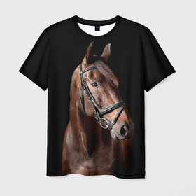 Мужская футболка 3D с принтом Гнедая лошадь в Курске, 100% полиэфир | прямой крой, круглый вырез горловины, длина до линии бедер | animal | beautiful | black | brown | eyes | gloss | harness | horse | look | muzzle | взгляд | глаза | гнедая | животное | конь | коричневый | красивый | лоск | лошадь | сбруя | скакун | черный