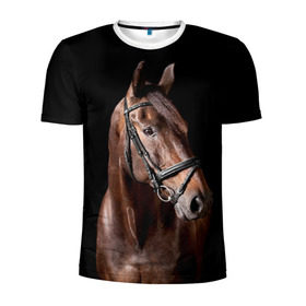 Мужская футболка 3D спортивная с принтом Гнедая лошадь в Курске, 100% полиэстер с улучшенными характеристиками | приталенный силуэт, круглая горловина, широкие плечи, сужается к линии бедра | animal | beautiful | black | brown | eyes | gloss | harness | horse | look | muzzle | взгляд | глаза | гнедая | животное | конь | коричневый | красивый | лоск | лошадь | сбруя | скакун | черный