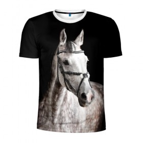 Мужская футболка 3D спортивная с принтом Серный в яблоках конь в Курске, 100% полиэстер с улучшенными характеристиками | приталенный силуэт, круглая горловина, широкие плечи, сужается к линии бедра | animal | beautiful | black | eyes | gloss | harness | horse | look | muzzle | spotted | white | белый | в яблоках | взгляд | глаза | животное | конь | красивый | лоск | лошадь | пятнистый | сбруя | серый | скакун | черный