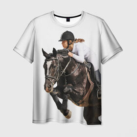 Мужская футболка 3D с принтом Наездница в Курске, 100% полиэфир | прямой крой, круглый вырез горловины, длина до линии бедер | animal | coffee | girl | harness | horse | rider | riding | sport | white | woman | белый | девушка | езда | женщина | животное | конь | кофейный | лошадь | наездница | сбруя | спорт