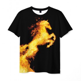 Мужская футболка 3D с принтом Огненный конь в Курске, 100% полиэфир | прямой крой, круглый вырез горловины, длина до линии бедер | animal | beautiful | black | fiery | fire | horse | mane | wild | грива | дикий | животное | конь | красивый | лошадь | огненный | огонь | скакун | черный