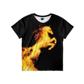 Детская футболка 3D с принтом Огненный конь в Курске, 100% гипоаллергенный полиэфир | прямой крой, круглый вырез горловины, длина до линии бедер, чуть спущенное плечо, ткань немного тянется | animal | beautiful | black | fiery | fire | horse | mane | wild | грива | дикий | животное | конь | красивый | лошадь | огненный | огонь | скакун | черный