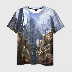 Мужская футболка 3D с принтом Древний город в Курске, 100% полиэфир | прямой крой, круглый вырез горловины, длина до линии бедер | 3d | арт | башни | древний город | светлые | стимпанк | шпили