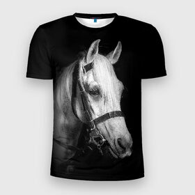 Мужская футболка 3D спортивная с принтом Белая лошадь в Курске, 100% полиэстер с улучшенными характеристиками | приталенный силуэт, круглая горловина, широкие плечи, сужается к линии бедра | Тематика изображения на принте: animal | beautiful | black | eyes | gloss | harness | horse | look | muzzle | white | белый | взгляд | глаза | животное | конь | красивый | лоск | лошадь | сбруя | скакун