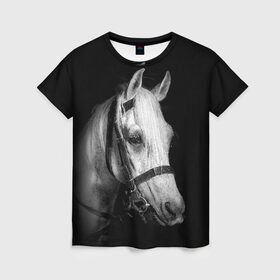 Женская футболка 3D с принтом Белая лошадь в Курске, 100% полиэфир ( синтетическое хлопкоподобное полотно) | прямой крой, круглый вырез горловины, длина до линии бедер | animal | beautiful | black | eyes | gloss | harness | horse | look | muzzle | white | белый | взгляд | глаза | животное | конь | красивый | лоск | лошадь | сбруя | скакун