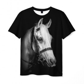 Мужская футболка 3D с принтом Белая лошадь в Курске, 100% полиэфир | прямой крой, круглый вырез горловины, длина до линии бедер | animal | beautiful | black | eyes | gloss | harness | horse | look | muzzle | white | белый | взгляд | глаза | животное | конь | красивый | лоск | лошадь | сбруя | скакун