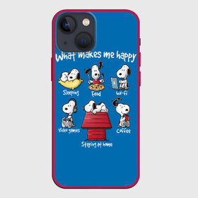 Чехол для iPhone 13 mini с принтом Что делает меня счастливым в Курске,  |  | happy | makes | me | peanuts | snoopy | what | арахис | вудсток | пес | сабака | снупи | собака | чарли браун | щенок