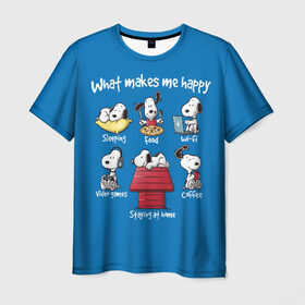 Мужская футболка 3D с принтом Что делает меня счастливым в Курске, 100% полиэфир | прямой крой, круглый вырез горловины, длина до линии бедер | happy | makes | me | peanuts | snoopy | what | арахис | вудсток | пес | сабака | снупи | собака | чарли браун | щенок