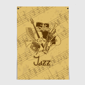 Постер с принтом Jazz в Курске, 100% бумага
 | бумага, плотность 150 мг. Матовая, но за счет высокого коэффициента гладкости имеет небольшой блеск и дает на свету блики, но в отличии от глянцевой бумаги не покрыта лаком | brown | cello | drum | guitar | instrument | jazz | musical | retro | saxophone | sheet music | trumpet | vintage | yellow | барабан | винтаж | виолончель | гитара | джаз | желтый | инструмент | коричневый | музыка | музыкальный | ноты | ретро | сак