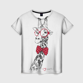 Женская футболка 3D с принтом Жираф в Курске, 100% полиэфир ( синтетическое хлопкоподобное полотно) | прямой крой, круглый вырез горловины, длина до линии бедер | animal | bow tie | cool | giraffe | gray | red | white | белый | галстук  бабочка | животное | жираф | красный | очки | прикольный | серый