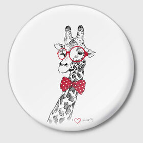 Значок с принтом Жираф в Курске,  металл | круглая форма, металлическая застежка в виде булавки | animal | bow tie | cool | giraffe | gray | red | white | белый | галстук  бабочка | животное | жираф | красный | очки | прикольный | серый