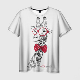 Мужская футболка 3D с принтом Жираф в Курске, 100% полиэфир | прямой крой, круглый вырез горловины, длина до линии бедер | animal | bow tie | cool | giraffe | gray | red | white | белый | галстук  бабочка | животное | жираф | красный | очки | прикольный | серый