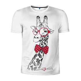 Мужская футболка 3D спортивная с принтом Жираф в Курске, 100% полиэстер с улучшенными характеристиками | приталенный силуэт, круглая горловина, широкие плечи, сужается к линии бедра | animal | bow tie | cool | giraffe | gray | red | white | белый | галстук  бабочка | животное | жираф | красный | очки | прикольный | серый