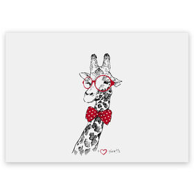 Поздравительная открытка с принтом Жираф в Курске, 100% бумага | плотность бумаги 280 г/м2, матовая, на обратной стороне линовка и место для марки
 | animal | bow tie | cool | giraffe | gray | red | white | белый | галстук  бабочка | животное | жираф | красный | очки | прикольный | серый
