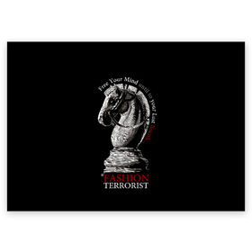 Поздравительная открытка с принтом A Fashion Terrorist в Курске, 100% бумага | плотность бумаги 280 г/м2, матовая, на обратной стороне линовка и место для марки
 | Тематика изображения на принте: black | chess | cool | figure | horse | red | slogan | style | white | белый | конь | красный | лошадь | прикольный | слоган | стиль | фигура | черный | шахматы