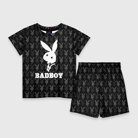 Детский костюм с шортами 3D с принтом Bad boy в Курске,  |  | bad boy | bite | bow tie | broken | cool | ear | fighter | logo | man | playboy | rabbit | sign | symbol | white | белый | битый | боец | галстук бабочка | знак | кролик | логотип | любовь | мальчик | мужчина | откушенное | прикольный | сим