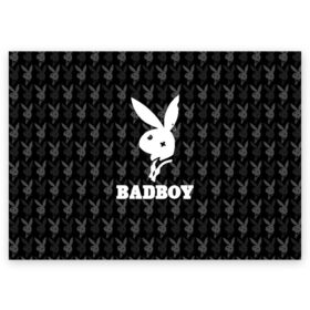 Поздравительная открытка с принтом Bad boy в Курске, 100% бумага | плотность бумаги 280 г/м2, матовая, на обратной стороне линовка и место для марки
 | bad boy | bite | bow tie | broken | cool | ear | fighter | logo | man | playboy | rabbit | sign | symbol | white | белый | битый | боец | галстук бабочка | знак | кролик | логотип | любовь | мальчик | мужчина | откушенное | прикольный | сим