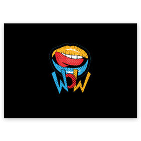 Поздравительная открытка с принтом Wow в Курске, 100% бумага | плотность бумаги 280 г/м2, матовая, на обратной стороне линовка и место для марки
 | blue | dots | lips | pop art | red | teeth | tongue | white | yellow | белый | губы | желтый | зубы | красный | поп  арт | точки | язык