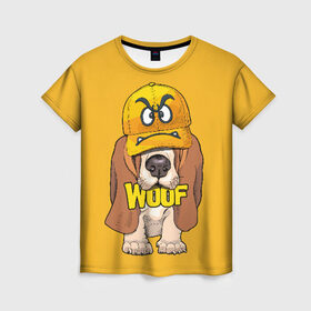 Женская футболка 3D с принтом Woof в Курске, 100% полиэфир ( синтетическое хлопкоподобное полотно) | прямой крой, круглый вырез горловины, длина до линии бедер | Тематика изображения на принте: animal | cap | dog | funny | slogan | text | yellow | бассет хаунд | желтый | животное | забавный | кепка | прикольный | слоган | смешной | собака | текст