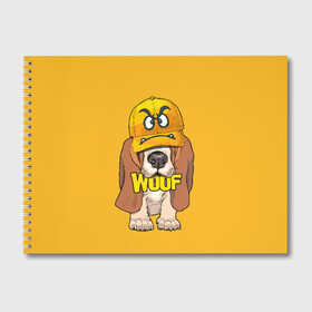 Альбом для рисования с принтом Woof в Курске, 100% бумага
 | матовая бумага, плотность 200 мг. | animal | cap | dog | funny | slogan | text | yellow | бассет хаунд | желтый | животное | забавный | кепка | прикольный | слоган | смешной | собака | текст