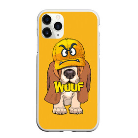 Чехол для iPhone 11 Pro матовый с принтом Woof в Курске, Силикон |  | animal | cap | dog | funny | slogan | text | yellow | бассет хаунд | желтый | животное | забавный | кепка | прикольный | слоган | смешной | собака | текст