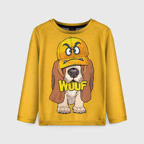 Детский лонгслив 3D с принтом Woof в Курске, 100% полиэстер | длинные рукава, круглый вырез горловины, полуприлегающий силуэт
 | animal | cap | dog | funny | slogan | text | yellow | бассет хаунд | желтый | животное | забавный | кепка | прикольный | слоган | смешной | собака | текст