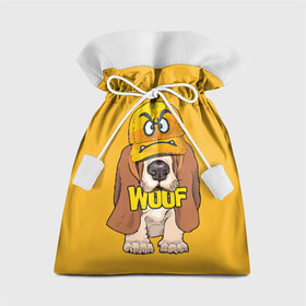 Подарочный 3D мешок с принтом Woof в Курске, 100% полиэстер | Размер: 29*39 см | Тематика изображения на принте: animal | cap | dog | funny | slogan | text | yellow | бассет хаунд | желтый | животное | забавный | кепка | прикольный | слоган | смешной | собака | текст