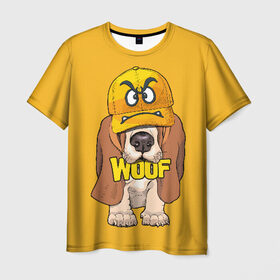 Мужская футболка 3D с принтом Woof в Курске, 100% полиэфир | прямой крой, круглый вырез горловины, длина до линии бедер | Тематика изображения на принте: animal | cap | dog | funny | slogan | text | yellow | бассет хаунд | желтый | животное | забавный | кепка | прикольный | слоган | смешной | собака | текст