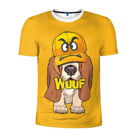 Мужская футболка 3D спортивная с принтом Woof в Курске, 100% полиэстер с улучшенными характеристиками | приталенный силуэт, круглая горловина, широкие плечи, сужается к линии бедра | Тематика изображения на принте: animal | cap | dog | funny | slogan | text | yellow | бассет хаунд | желтый | животное | забавный | кепка | прикольный | слоган | смешной | собака | текст
