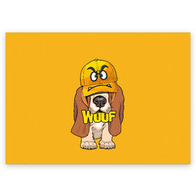 Поздравительная открытка с принтом Woof в Курске, 100% бумага | плотность бумаги 280 г/м2, матовая, на обратной стороне линовка и место для марки
 | Тематика изображения на принте: animal | cap | dog | funny | slogan | text | yellow | бассет хаунд | желтый | животное | забавный | кепка | прикольный | слоган | смешной | собака | текст