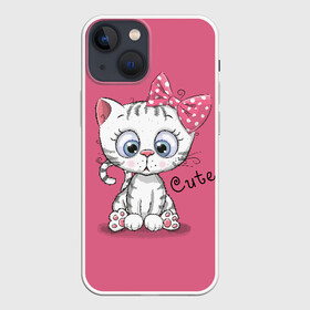 Чехол для iPhone 13 mini с принтом Cute в Курске,  |  | animal | bow | child | cute | drawing | funny | kitten | look | бант | взгляд | детский | животное | котенок | милый | прикольный | рисунок