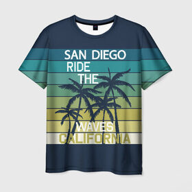 Мужская футболка 3D с принтом California в Курске, 100% полиэфир | прямой крой, круглый вырез горловины, длина до линии бедер | california | cool | palm trees | san diego | stripes | travel | калифорния | пальмы | полосы | прикольный | путешествие | сан диего