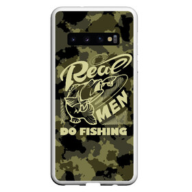 Чехол для Samsung Galaxy S10 с принтом Real men do fishing в Курске, Силикон | Область печати: задняя сторона чехла, без боковых панелей | Тематика изображения на принте: bait | black | fish | fisherman | fishing | hook | man | white | белый | занимается | камуфляж | крючок | мужчина | наживка | настоящий | реальный | рыба | рыбак | рыбалка | черный