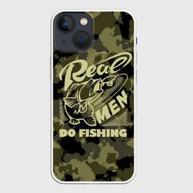 Чехол для iPhone 13 mini с принтом Real men do fishing в Курске,  |  | Тематика изображения на принте: bait | black | fish | fisherman | fishing | hook | man | white | белый | занимается | камуфляж | крючок | мужчина | наживка | настоящий | реальный | рыба | рыбак | рыбалка | черный