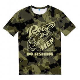 Мужская футболка 3D с принтом Real men do fishing в Курске, 100% полиэфир | прямой крой, круглый вырез горловины, длина до линии бедер | bait | black | fish | fisherman | fishing | hook | man | white | белый | занимается | камуфляж | крючок | мужчина | наживка | настоящий | реальный | рыба | рыбак | рыбалка | черный