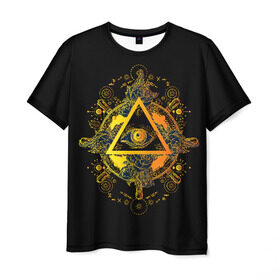 Мужская футболка 3D с принтом Всевидящее око в Курске, 100% полиэфир | прямой крой, круглый вырез горловины, длина до линии бедер | black | esoteric | eye | mystic | occult | orange | symbol | triangle | yellow | глаз | желтый | мистика | оккультизм | око | оранжевый | символ | треугольник | черный | эзотерика