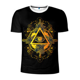 Мужская футболка 3D спортивная с принтом Всевидящее око в Курске, 100% полиэстер с улучшенными характеристиками | приталенный силуэт, круглая горловина, широкие плечи, сужается к линии бедра | Тематика изображения на принте: black | esoteric | eye | mystic | occult | orange | symbol | triangle | yellow | глаз | желтый | мистика | оккультизм | око | оранжевый | символ | треугольник | черный | эзотерика