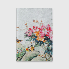 Обложка для паспорта матовая кожа с принтом Японские цветы в Курске, натуральная матовая кожа | размер 19,3 х 13,7 см; прозрачные пластиковые крепления | japan | japanese | искусство | картина | цветы | япония | японская гравюра | японская картина