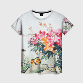 Женская футболка 3D с принтом Японские цветы в Курске, 100% полиэфир ( синтетическое хлопкоподобное полотно) | прямой крой, круглый вырез горловины, длина до линии бедер | japan | japanese | искусство | картина | цветы | япония | японская гравюра | японская картина
