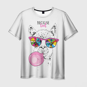 Мужская футболка 3D с принтом Because cool в Курске, 100% полиэфир | прямой крой, круглый вырез горловины, длина до линии бедер | alpaca | animal | chewing | cool | funny | gum | head | llama | muzzle | puffed up | rainbow | альпака | голова | жевательная | животное | забавный | лама | надутая | очки | прикольный | радужные | резинка | смешная