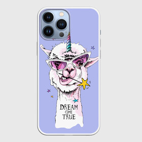 Чехол для iPhone 13 Pro Max с принтом Dream come true в Курске,  |  | Тематика изображения на принте: alpaca | animal | carnival | dream came true | funny | horn | llama | rainbow | slogan | star | unicorn | альпака | единорог | животное | звезда | карнавал | лама | мечта сбылась | очки | прикольный | радуга | рог | слоган