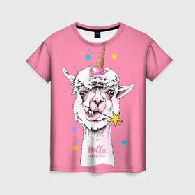 Женская футболка 3D с принтом Hello llamacorn в Курске, 100% полиэфир ( синтетическое хлопкоподобное полотно) | прямой крой, круглый вырез горловины, длина до линии бедер | alpaca | animal | carnival | cool | cup | head | horn | ice cream | llama | look | pink | slogan | star | unicorn | waffle | альпака | вафельный | взгляд | голова | единорог | животное | звезда | карнавал | лама | мороженое | привет | прикольный | р